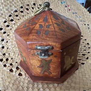Wooden Storage Box Stationery Trinkets Indian & Brass Inlay Fairies Octagon